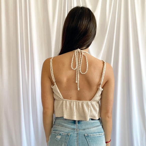 Smocked Cream V Neck Halter Tank Top - Picture 2 of 4